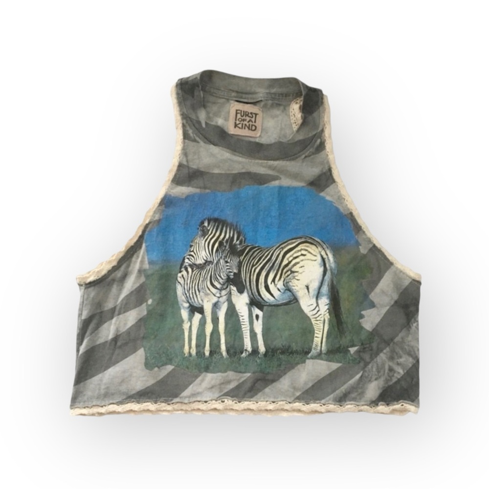 new LF Furst of a Kind ϟ Vintage Upcycled Zebra Graphic Lace Trim Tank Tee ϟ 0-4 - Picture 4 of 15